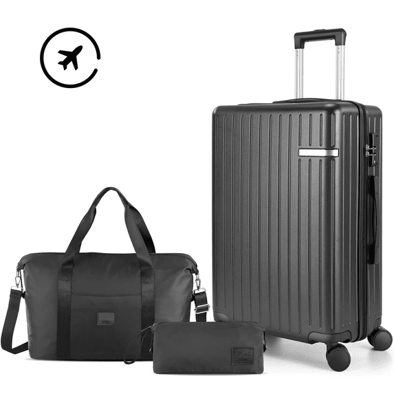 HOTEEL Carry On Luggage 3 Piece 20 inch Lightweight Travel Luggage Set, ABS+PC Hardside Suitcase with Duffel Bag and Toiletry Bag(Black)