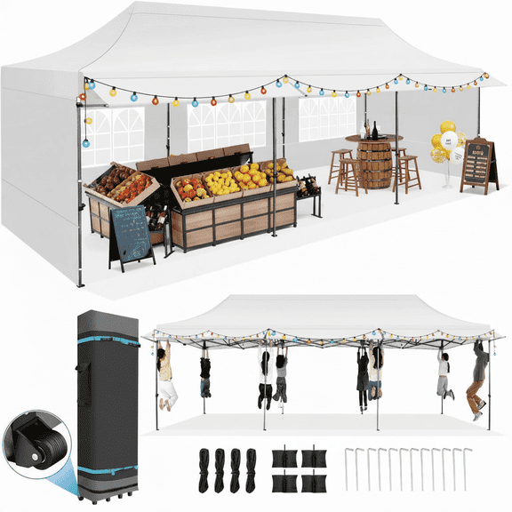 HOTEEL 10x30 Heavy Duty Canopy Tent with 6 Removable Sidewalls,Pop up Outdoor Commercial Party Wedding Tent with Roller Bag,Waterproof & UV 50+, Extended Awning, White