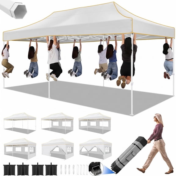 HOTEEL 10x20 Heavy Duty Canopy Tent with 6 Removable Sidewalls,Pop up Outdoor Commercial Party Wedding Tent with Roller Bag,Waterproof & UV 50+,White