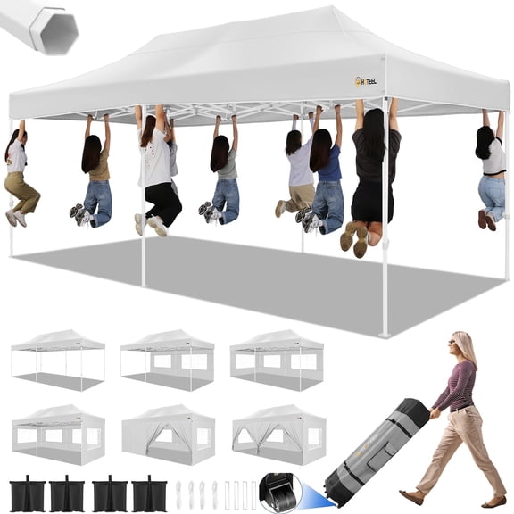 HOTEEL 10x20 Heavy Duty Canopy Tent with 6 Sidewalls,Pop up Commercial Tents,Outdoor Party Tents with Roller Bag,White