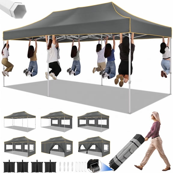 HOTEEL 10x20 Heavy Duty Canopy Tent with 6 Sidewalls,Pop up Commercial Tents,Outdoor Party Tents with Roller Bag,Gray