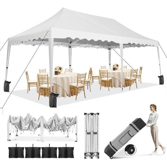 HOTEEL 10x20 Party Tent Pop Up Canopy,Easy Up Outdoor Tent with Wheeled Bag& Curled Edge,Canopy Event Tents for Parties,Wedding,Backyard,Camping,White