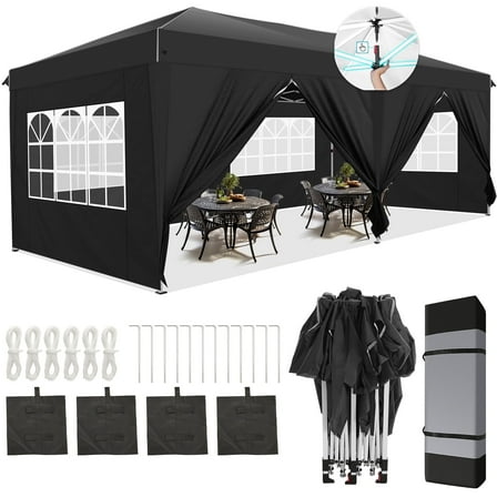 HOTEEL 10x20 Pop Up Canopy with Sidewalls, Easy Up Canopy Tent with Carry Bag, Outdoor Canopies with 4 Sandbags, Large Tents for Outdoor Events, Wedding, Backyard, Commercial, Black