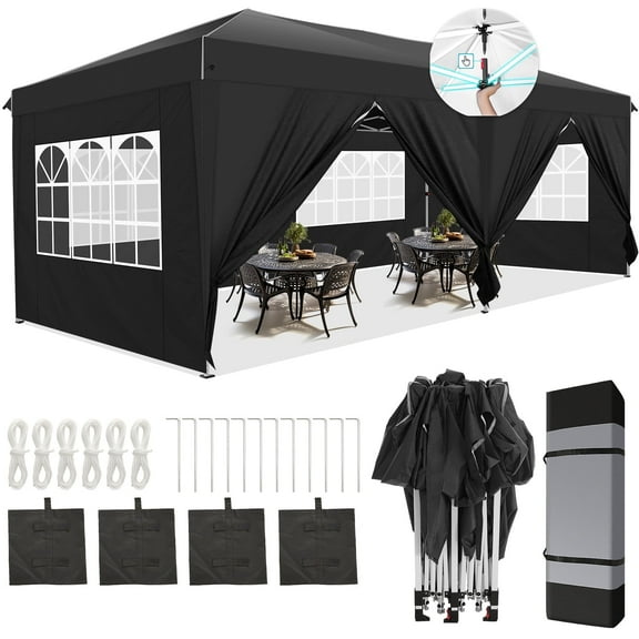HOTEEL 10x20 Pop Up Canopy with Sidewalls, Easy Up Canopy Tent with Carry Bag, Outdoor Canopies with 4 Sandbags, Large Tents for Outdoor Events, Wedding, Backyard, Commercial, Black
