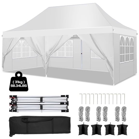 HOTEEL 10x20 Pop Up Canopy Tent with 6 Removable Sidewalls, Outdoor Waterproof Canopy Tents UV 50+ for Partie Wedding, Heavy-Duty Stable Frame and Carry Bag, White
