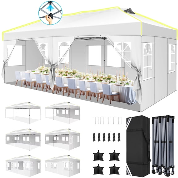 HOTEEL 10x20 Pop up Canopy Tent with 6 Sidewalls, Canopy for Outside Instant Waterproof Party Canopy Tent for Beach Garden Party Camping Outside with Air Vent,Reflective Strip,4 Sandbags,White