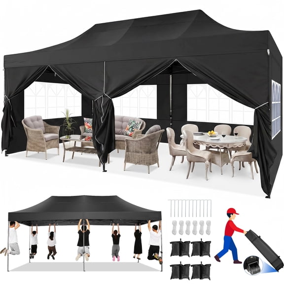 HOTEEL 10x20 Pop up Canopy Tent Heavy Duty with 6 Sidewalls, Thicken Frame Commercial Outdoor Tents for Parties All Season Wind & Easy Up Gazebo with Roller Bag, Black