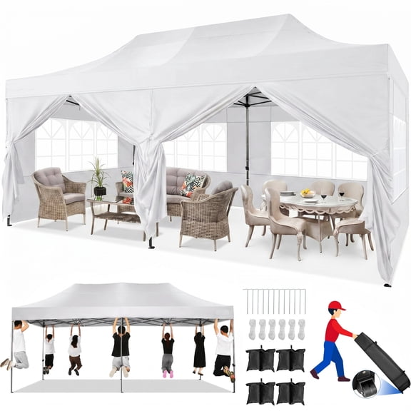 HOTEEL 10x20 Pop up Canopy Tent Heavy Duty with 6 Sidewalls, Thicken Frame Commercial Outdoor Tents for Parties All Season Wind & Easy Up Gazebo with Roller Bag, White