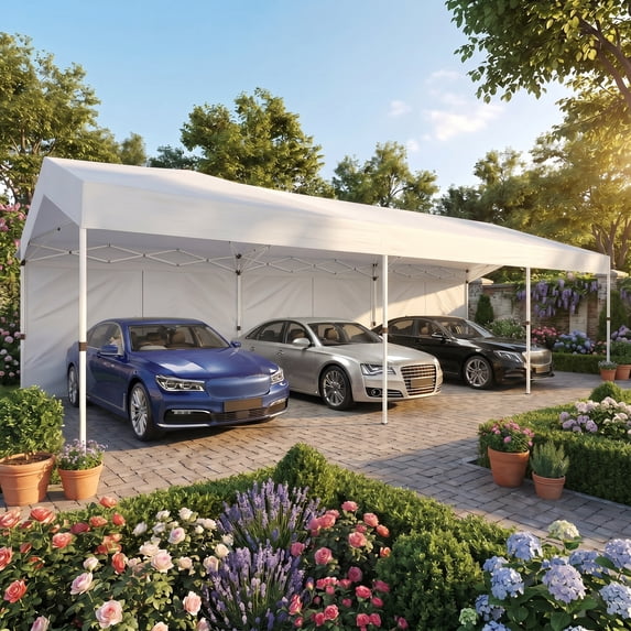 Hoteel Pop-Up Canopy 10x30 Instant Carport Tent with 3 Removable Sidewalls, Heavy-Duty Waterproof 2000mm+&UPF 50+ for Weddings, Parties, Markets with 4 Ropes & 4 Sandbags, White