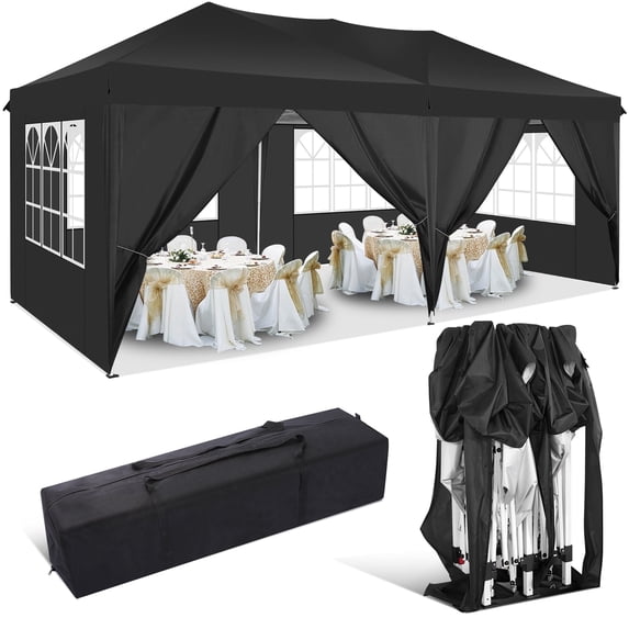 HOTEEL 10x20 Pop up Canopy Tent, Waterproof Commercial Tent with 6 Removable Sidewalls, Outdoor Sun Shelter Gazebo for Parties, Wedding, Camping, Courtyard ,Black