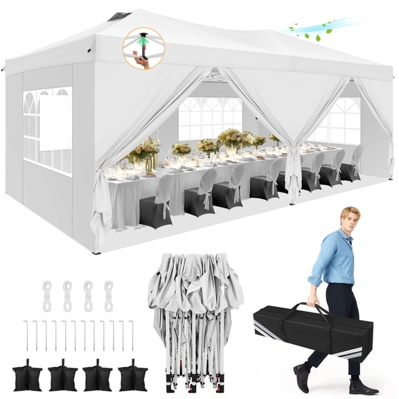 HOTEEL 10x20 Pop up Canopy Tent, Waterproof Commercial Tent with 6 Removable Sidewalls, Outdoor Sun Shelter Gazebo for Parties, Wedding, Camping, Courtyard ,White