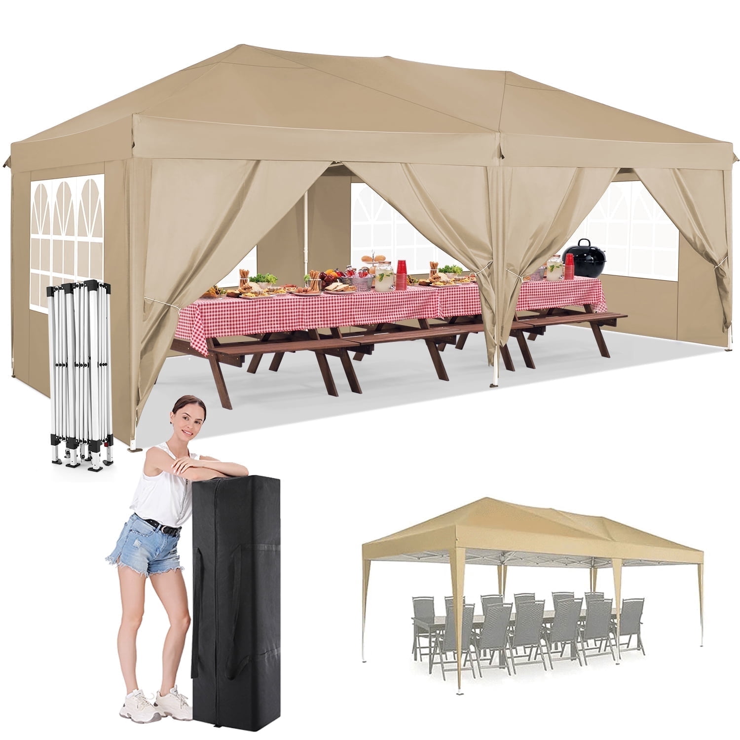 HOTEEL 10x20 Pop up Canopy Tent, Waterproof Commercial Tent with 6 Removable Sidewalls, Outdoor Sun Shelter Gazebo for Parties, Wedding, Camping, Courtyard ,Khaki