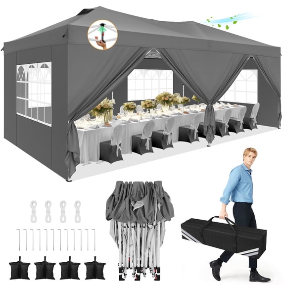 HOTEEL 10x20ft Pop Up Canopy, Fully Waterproof Canopy Tent, Commercial Canopy with Sidewalls & Carry Bag for Outdoor Sports, Gray
