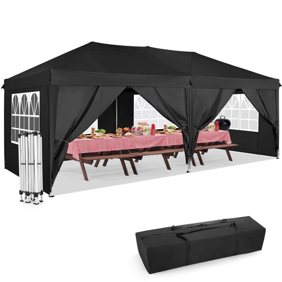 HOTEEL 10x20ft Popup Canopy Waterproof Canopy with 6 Sidewalls Outdoor Commercial Instant Shelter Beach Camping Canopy Tent for Party, Black