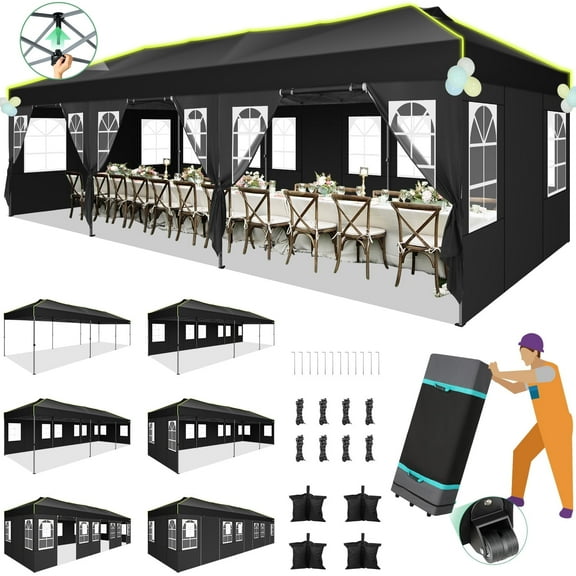HOTEEL 10x30 EZ Pop Up Canopy with 8 Sidewalls, One Push Setup Glow Party Tent for Commercial, Waterproof UPF50+ Wedding Tent with Wheeled Bag & Air Vent, Black