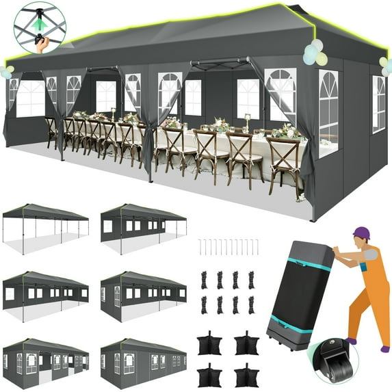 HOTEEL 10x30 EZ Pop Up Canopy with 8 Sidewalls, One Push Setup Glow Party Tent for Commercial, Waterproof UPF50+ Wedding Tent with Wheeled Bag & Air Vent, Gray