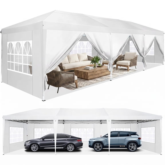 HOTEEL 10x30 Ez Up Pop Up Canopy Tent, Large Party Tents with One Push Central Button, Instant Canopy Tent with Sidewalls & Handbag, White