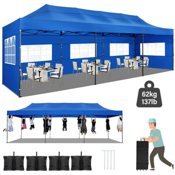 SANOPY 10x30 Heavy Duty Canopy with 8 Sidewalls,Outdoor Carport with Roller Bag,Pop up Tents for Parties,Wedding,Commercial,Blue