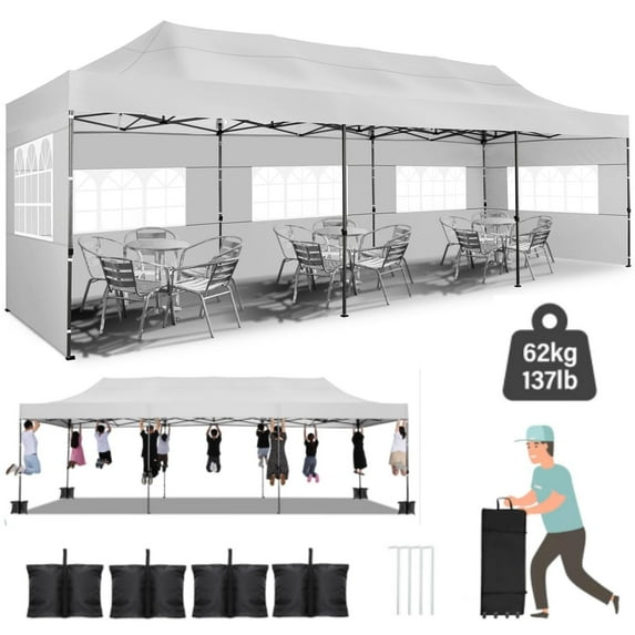 SANOPY 10x30 Heavy Duty Canopy with 8 Sidewalls,Outdoor Carport with Roller Bag,Pop up Tents for Parties,Wedding,Commercial,White