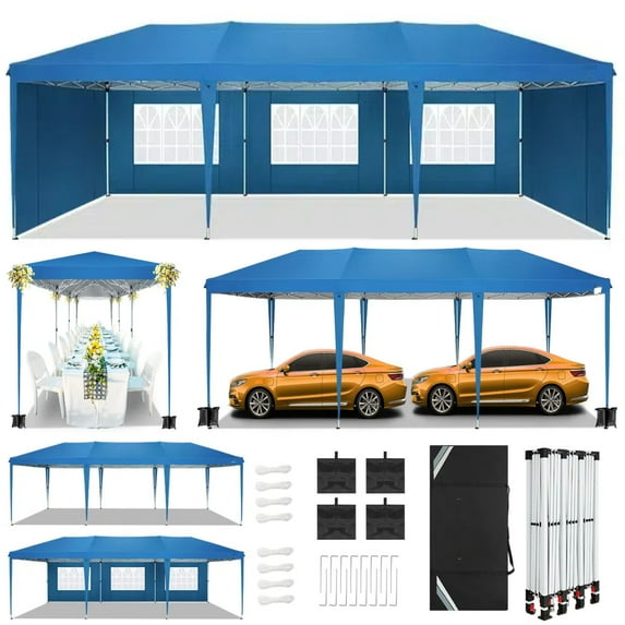 HOTEEL 10x30 Pop up Canopy Tent with 5 Sidewalls, Waterproof Commercial Instant Shelter Tent for Wedding, Courtyard, Parties with Carry Bag & 4 Sandbags,Blue