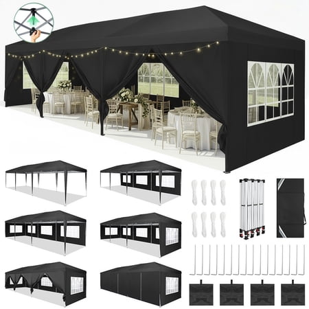 COBIZI 10x30 Pop up Canopy Tent with 8 Sidewalls, Party Tent Waterproof Commercial Canopy Gazebo, Event Tent for Wedding, Courtyard, Parties with Carry Bag & 4 Sandbags, Black