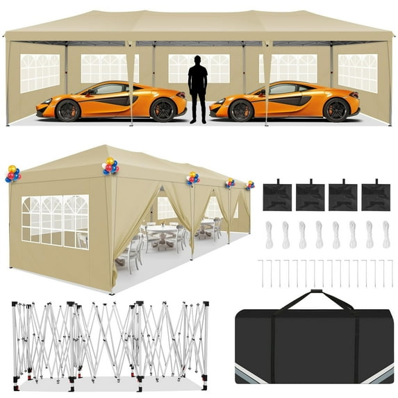 HOTEEL 10x30 Pop up Canopy Tent with 8 Sidewalls, Waterproof Commercial Instant Shelter Tent for Wedding, Courtyard, Parties with Carry Bag & 4 Sandbags,Khaki