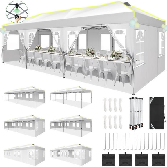 COBIZI 10x30 Pop up Canopy Tent with 8 Sidewalls, One Push Setup Easy Waterproof Commercial Instant Shelter Tent for Wedding, Courtyard, Parties with Carry Bag & 4 Sandbags, White