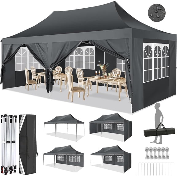 HOTEEL 10x20 Pop up Canopy Tents with 8 Removeble Sidewalls,Outdoor Gazebo with Wheeled Bag & Sandbags,for Patio,Wedding,Backyard,Camping,Parties,Event,Gray