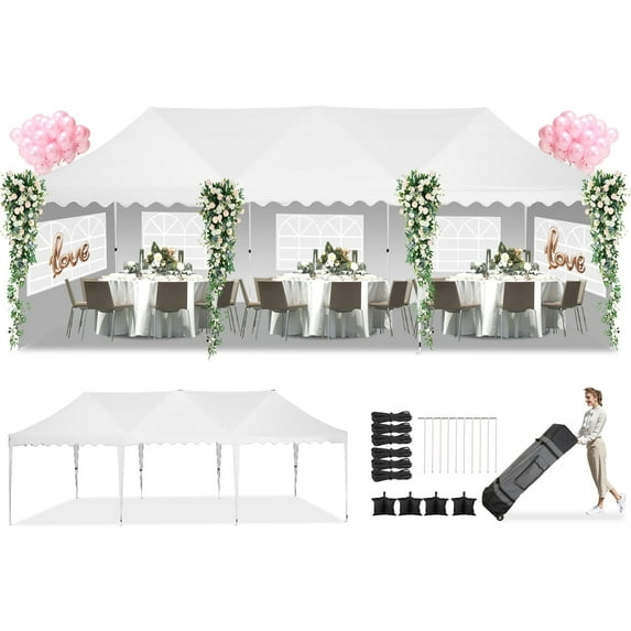 HOTEEL 10x30 Pop up Canopy Tents with 8 Removeble Sidewalls,Outdoor Gazebo with Wheeled Bag & Sandbags,for Patio,Wedding,Backyard,Camping,Parties,Event,White
