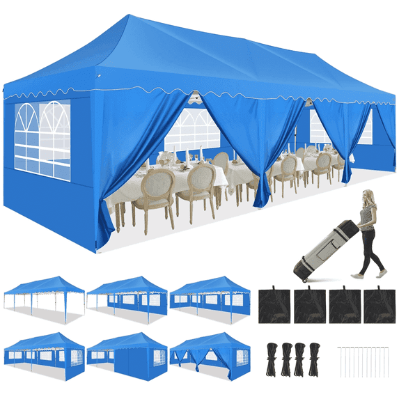 HOTEEL 10x30 Pop Up Canopy Tent with 8 Sidewalls,Heavy Duty Wedding Event Tents,Party Gazebo with Roller Bag,UPF 50+ Windproof Waterproof,Blue