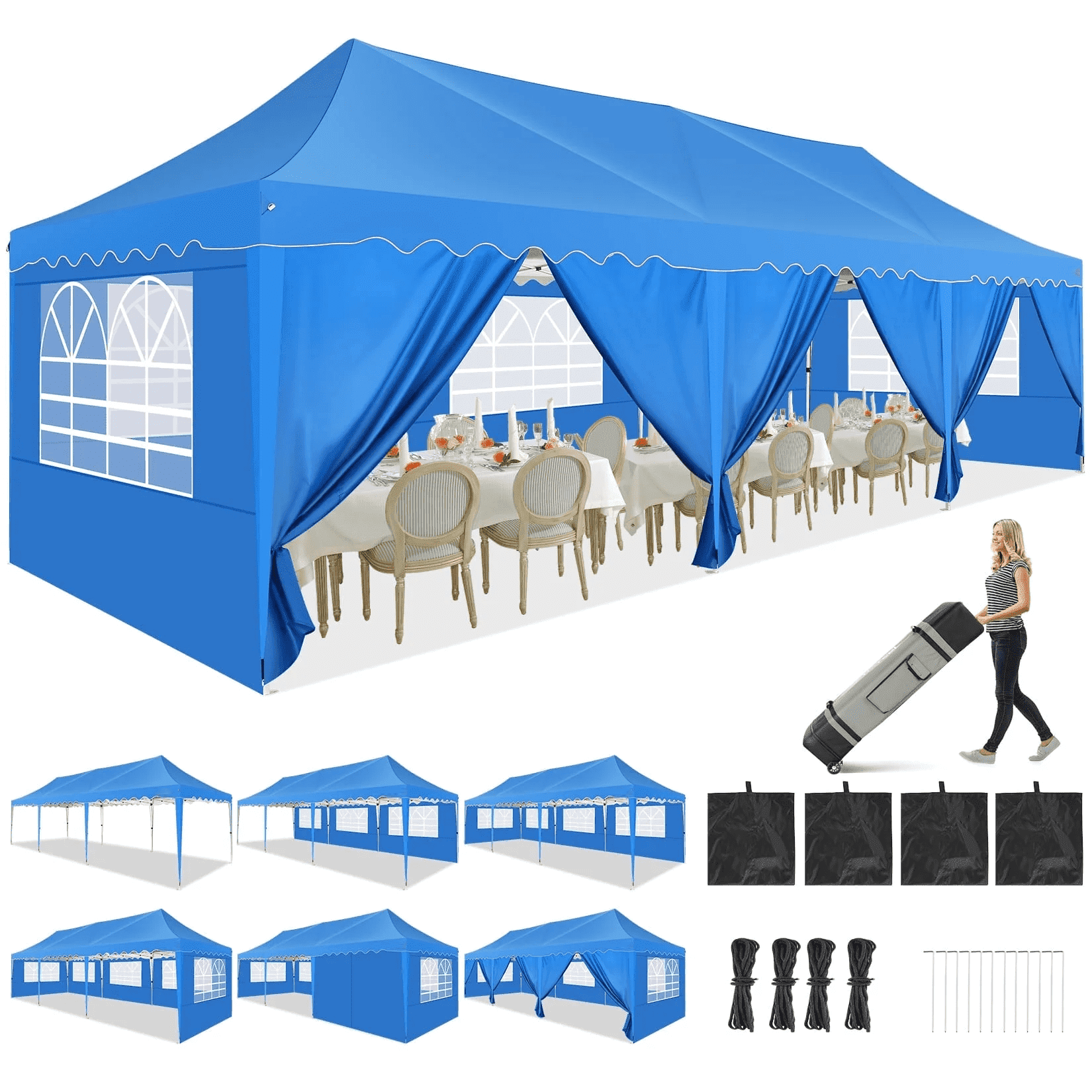 Blue 10x30 Waterproof Pop-Up Canopy Tent with Sidewalls