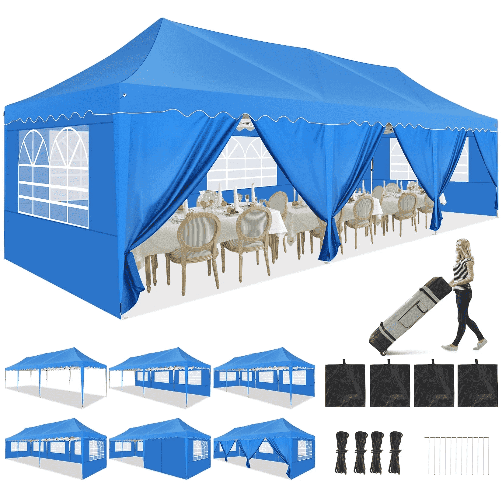 Blue 10x30 Waterproof Pop-Up Canopy Tent with Sidewalls