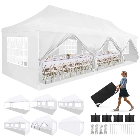 HOTEEL 10x30 Pop Up Canopy Tent with 8 Sidewalls,Heavy Duty Wedding Event Tents,Party Gazebo with Roller Bag,UPF 50+ Windproof Waterproof,White