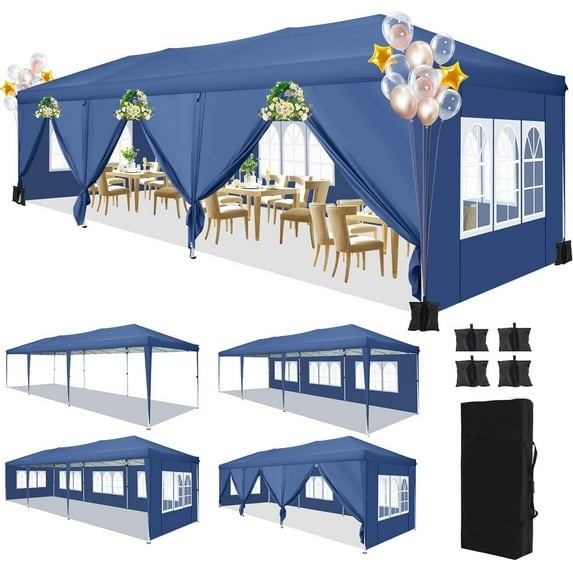 HOTEEL 10x30 Pop up Canopy Tent with 8 Sidewalls, Outdoor Wedding Event Tents for Parties Backyard, Instant Carport,Sun Shelter Gazebo,Blue