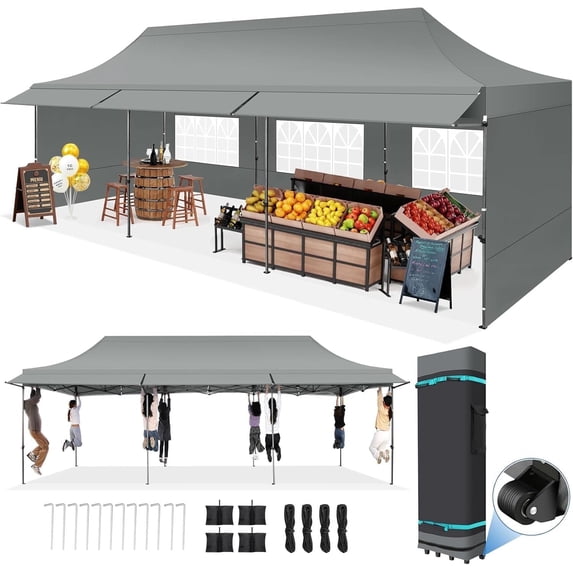 HOTEEL 10x30 ft Canopy with Extended Awning, Heavy Duty EZ Pop up Folding Canopy Tent with Roller Bag, Rainproof&Sunproof Awning Gazebo Shelter for Party Events, Market, Vendor, Gray