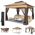 thumbnail image 1 of HOTEEL 11' x 11' Pop-Up Gazebo with 4 Mosquito Nets, Outdoor Canopy Tent with Double Roof Top and 121 Square Ft of Shade for Patio, Garden, Camping Shelter, Brown, 1 of 13