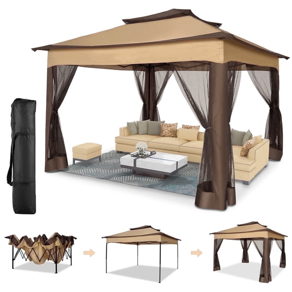 HOTEEL 11' x 11' Pop-Up Gazebo with 4 Mosquito Nets, Outdoor Canopy Tent with Double Roof Top and 121 Square Ft of Shade for Patio, Garden, Camping Shelter, Brown