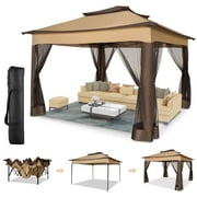 HOTEEL 11'x 11' Pop up Gazebo with 4 Mosquito Netting, Outdoor Canopy Tent with Double Roof Tops and 121 Square ft of Shade for Patio, Garden, Camping Shelter, Brown