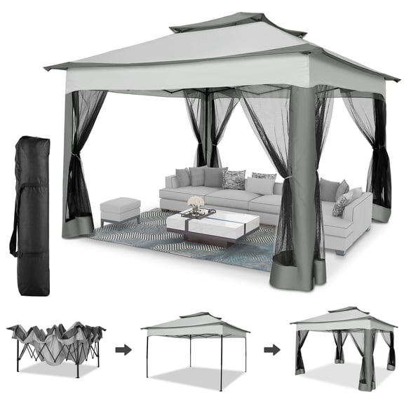 HOTEEL 11' x 11' Pop-Up Gazebo with 4 Mosquito Nets, Outdoor Canopy Tent with Double Roof Top and 121 Square Ft of Shade for Patio, Garden, Camping Shelter,Gray
