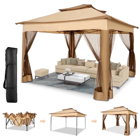 HOTEEL 11' x 11' Pop-Up Gazebo with 4 Mosquito Nets, Outdoor Canopy Tent with Double Roof Top and 121 Square Ft of Shade for Patio, Garden, Camping Shelter, Khaki