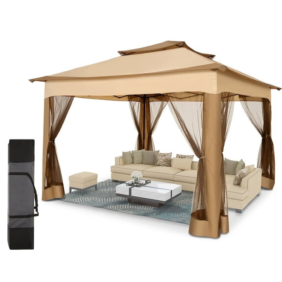 HOTEEL 11x11 Outdoor Waterproof Gazebo, Pop up Canopy Gazebo with Mosquito Netting & UV Protection for Parties, Camping, Weddings, and Backyard Events, Khaki
