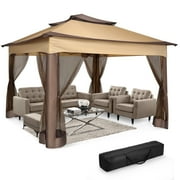 HOTEEL 11x11 Pop up Gazebo Tent Waterproof Instant Outdoor Sun Shade Canopy with Mosquito Nettings, Double Roofs for Shade for Lawn, Garden, Backyard & Deck, Brown