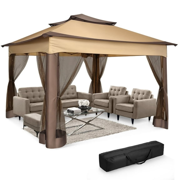 HOTEEL 11x11 Pop up Gazebo Tent Waterproof Instant Outdoor Sun Shade Canopy with Mosquito Nettings, Double Roofs for Shade for Lawn, Garden, Backyard & Deck, Brown