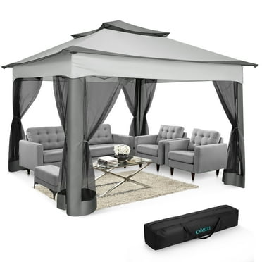 HOTEEL 11x11 Pop up Gazebo Tent Waterproof Instant Outdoor Sun Shade Canopy with Mosquito Nettings, Double Roofs for Shade for Lawn, Garden, Backyard & Deck, Gray