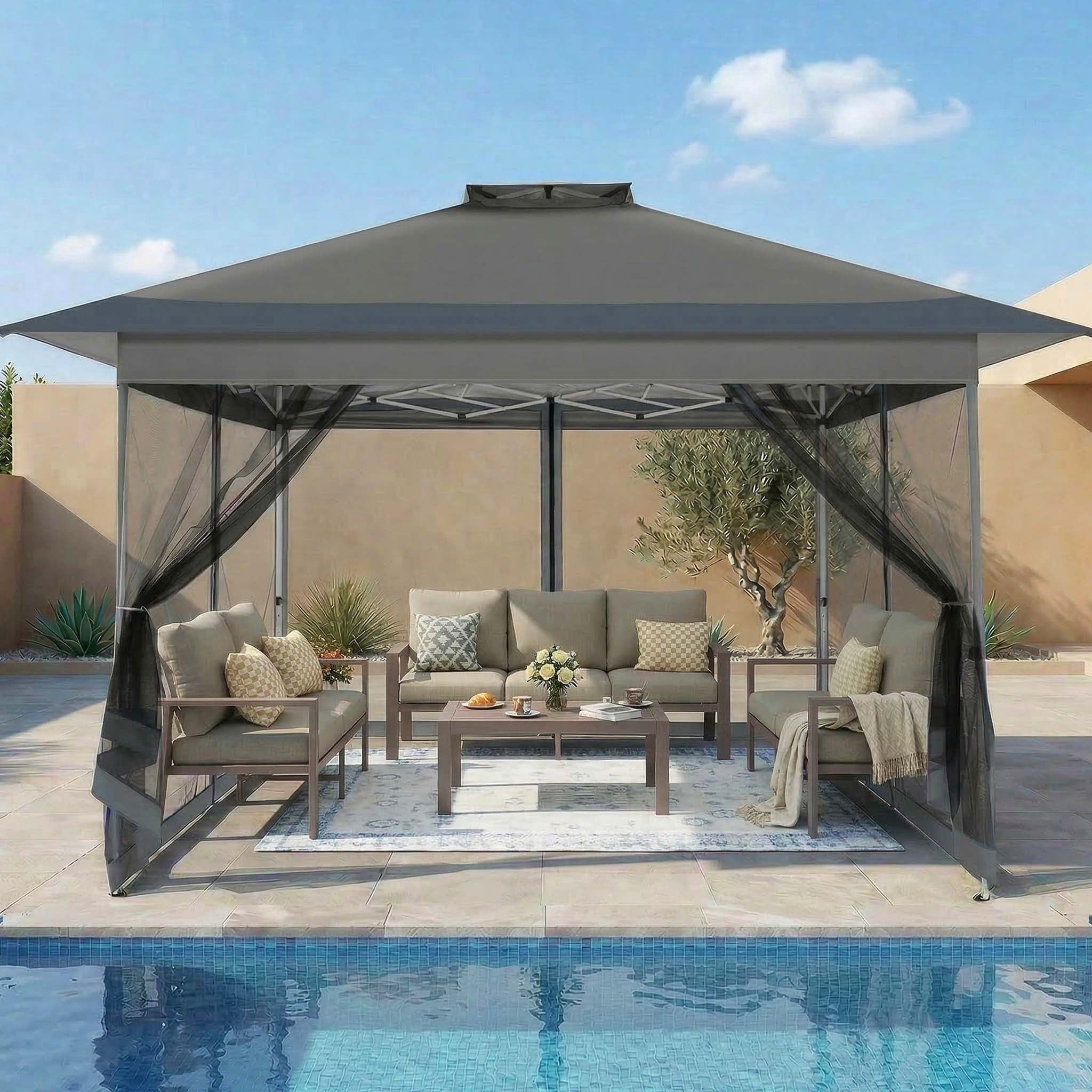 HOTEEL 13x13ft Pop-Up Gazebo Outdoor Canopy Tent with Adjustable Height, UV 50+ Sun Protection & Removable Mosquito Net - Waterproof Instant Shelter, Gray