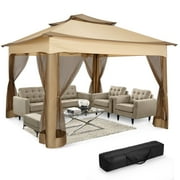 HOTEEL 12x12 Outdoor Waterproof Gazebo, Pop Up Canopy Tent with Adjustable Height, UV Protection & Mosquito Net, Ideal for Parties, Camping, Weddings, and Backyard Events,Brown