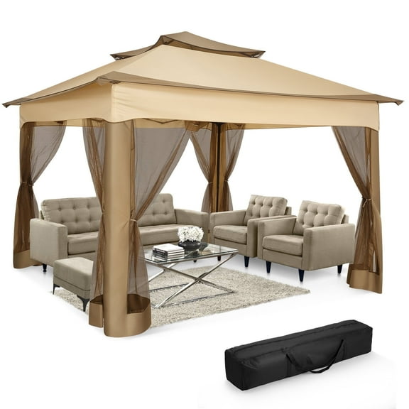HOTEEL 11x11 Pop up Gazebo Tent Waterproof Instant Outdoor Sun Shade Canopy with Mosquito Nettings, Double Roofs for Shade for Lawn, Garden, Backyard & Deck, Khaki