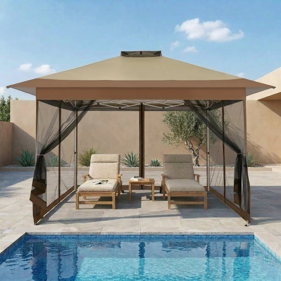 HOTEEL 13x13ft Pop Up Gazebo Outdoor Canopy Tent with Adjustable Height, UV 50+ Sun Protection & Removable Mosquito Net - Waterproof Instant Shelter, Khaki