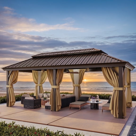 HOTEEL 12'X20' Hardtop Gazebo Aluminum Gazebo with Galvanized Steel Double Roof, Outdoor Permanent Frame Canopy Metal Pavilion with Curtains and Nettings for Patio Lawn, Backyard and Garden, Brown