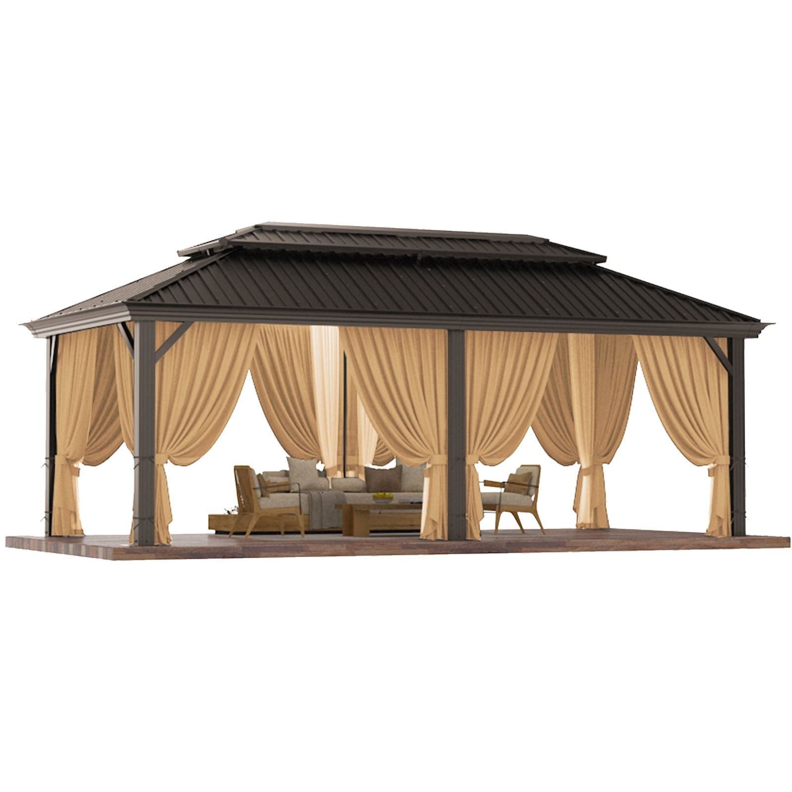 Brown 12' x 20' Aluminum Hardtop Gazebo with Curtains and Netting
